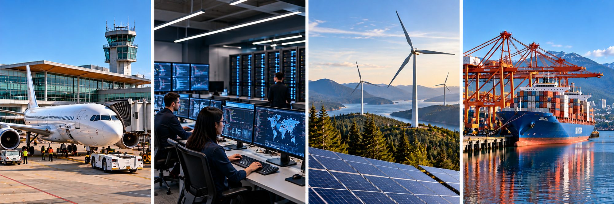 Montage of Pacific industries: an airport terminal, a technology operations centre, wind and solar energy, and a container port