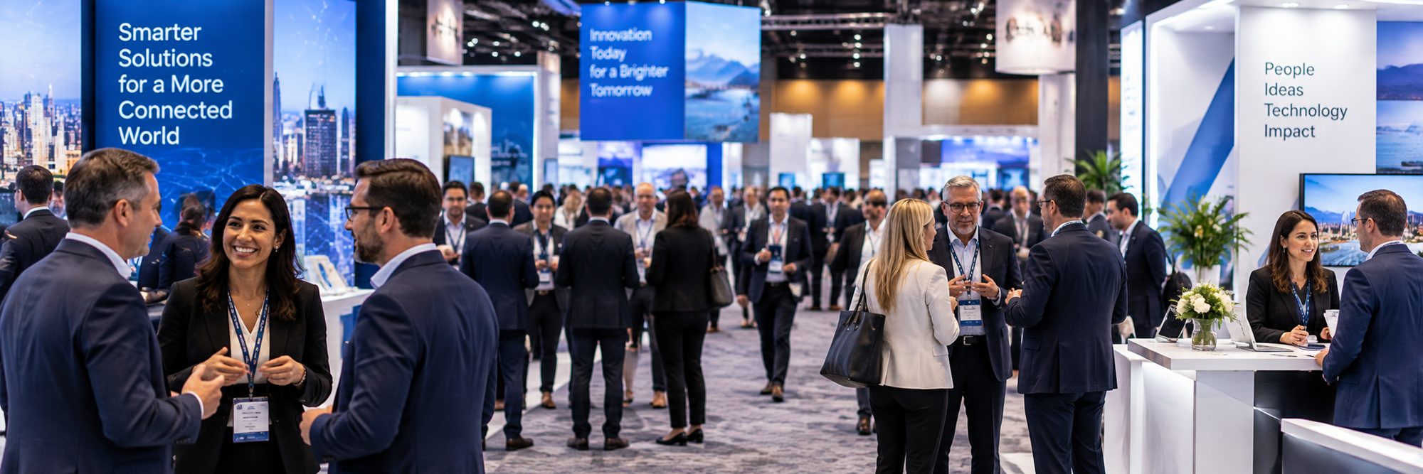 Executives networking on a busy innovation trade show floor lined with exhibitor booths